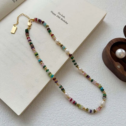 Boho Colorful Beaded Necklace – Handmade Pearl & Gemstone Choker Jewelry for Women, Trendy Vintage Layering Necklace Gift