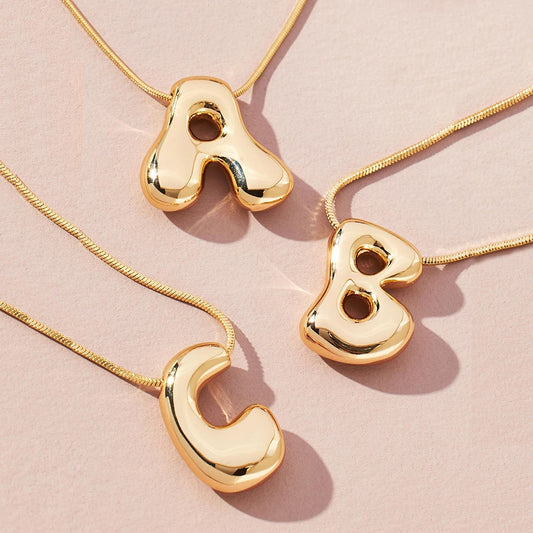 Gold Bubble Initial Necklace – Minimalist Letter Pendant Necklace for Women Personalized Jewelry