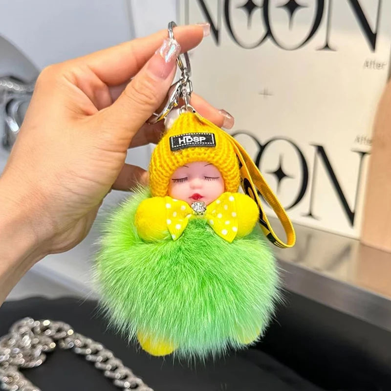 Cute Sleeping Baby Keychain – Fluffy Pom Pom Doll Bag Charm