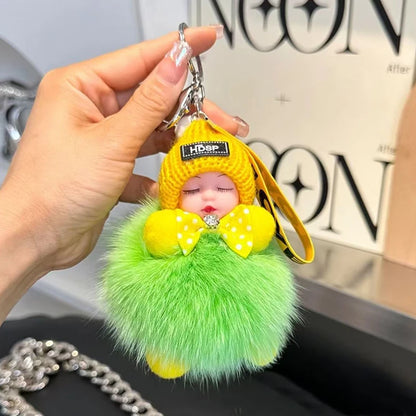 Cute Sleeping Baby Keychain – Fluffy Pom Pom Doll Bag Charm