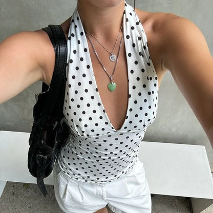 Polka Dots Tank Tops Women Sexy Low-Neck Off Shoulders Backless Street Fashion Versatile Style Ruched Elegant Outfits