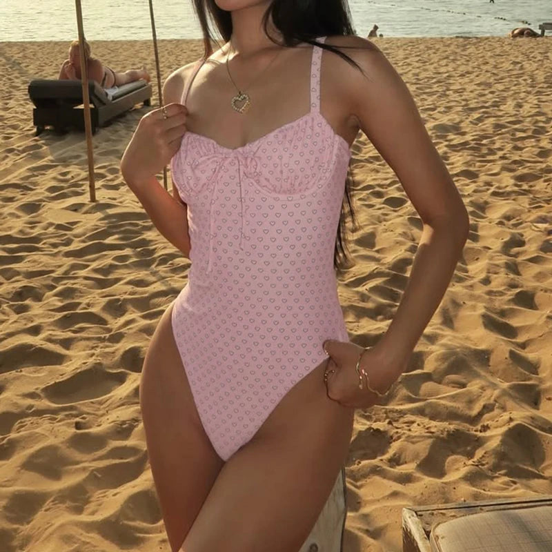Sweet Sexy Heart Printed With Lace Up Skinny Bodysuits Hottie Holiday Beach Wearing One Piece Clothes Summer Sleeveless Clothes