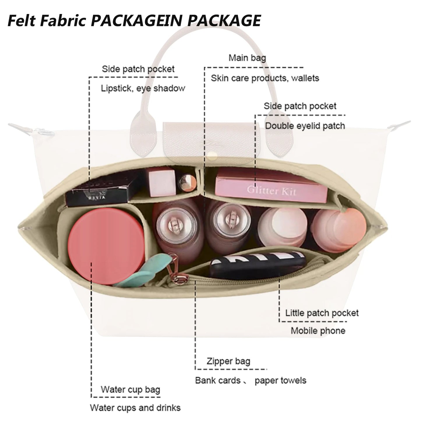Felt Purse Organizer Insert – Multi Pocket Handbag Storage Shaper for Tote Bags