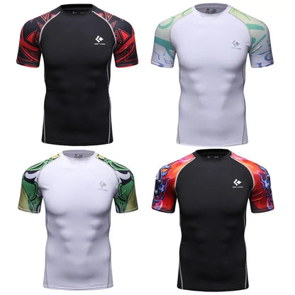 BJJ Rash Guard Men Short Sleeve MMA Compression Shirt No Gi Training Top