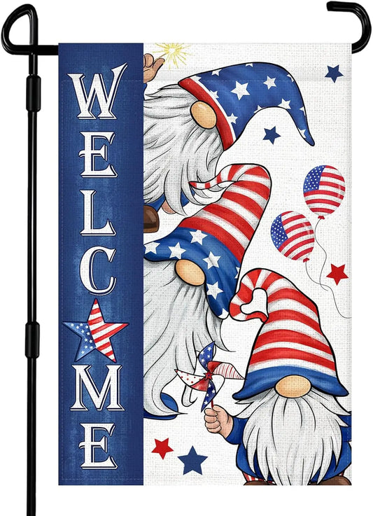 Patriotic Gnome 4th of July Garden Flag 12x18 Inch Double Sided Memorial Day Independence Day Burlap Garden Flags