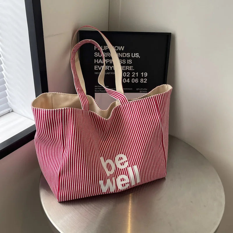 Striped Canvas Tote Bag – Cute Large Capacity Shoulder Bag for Women