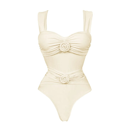 2026 White Flower One Piece Swimsuit Women Deep V Push Up Bandeau Beachwear