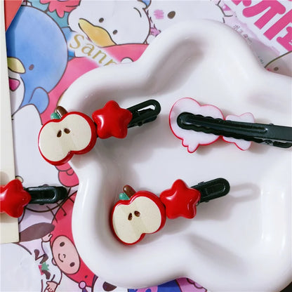 2Pcs/Lot Cute Apple Star Hair Clips – Kawaii Cartoon Snap Barrettes for Girls & Women