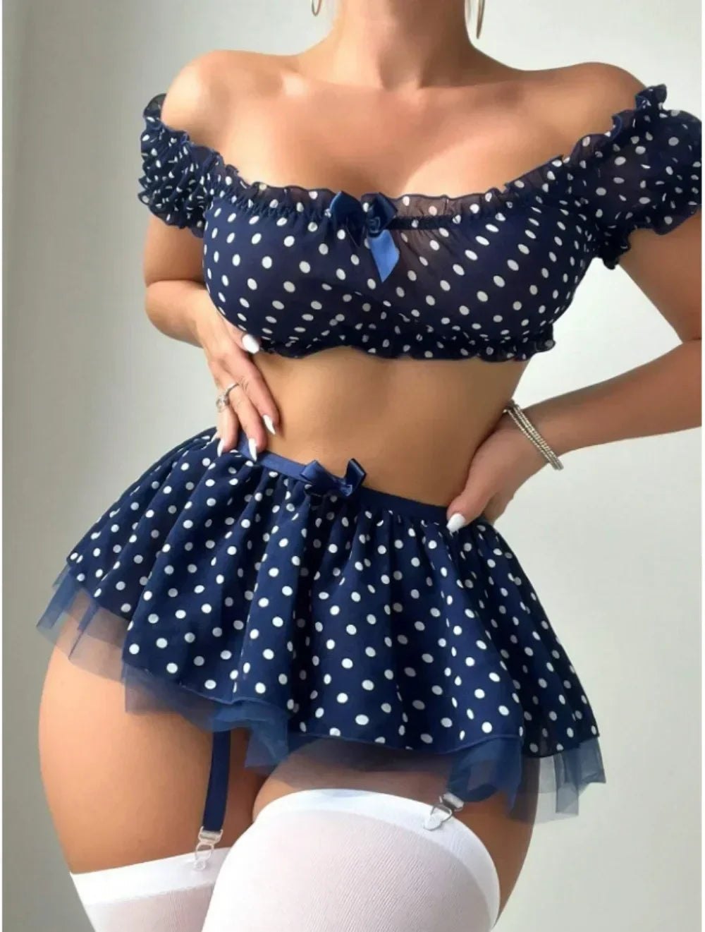 Cute Polka Dot Lingerie Set – Off Shoulder Babydoll Sleepwear for Women