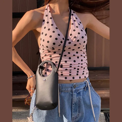 Polka Dots Tank Tops Women Sexy Low-Neck Off Shoulders Backless Street Fashion Versatile Style Ruched Elegant Outfits