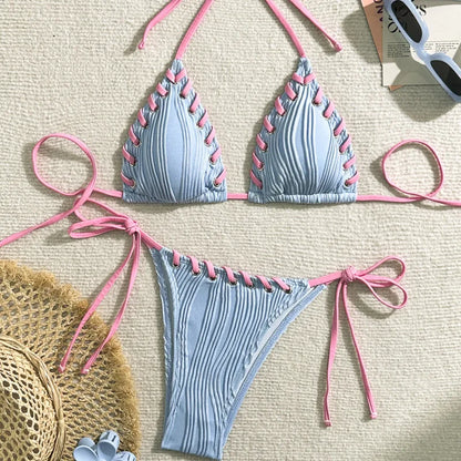 Sexy Ribbed String Bikini Set – Women’s Triangle Tie Side Swimsuit, Minimalist Beach Swimwear for Summer Vacation