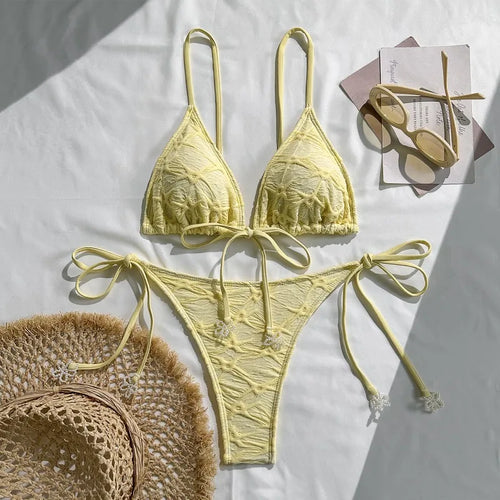 Women's Bikini Sets Ribbed Two Piece Swimsuits Underwire Adjustable Back  Bathing Suit Side Tie Triangle Thong Swimwear