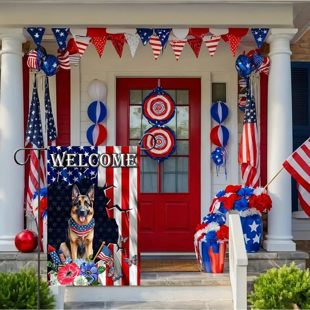 4th of July Patriotic Dog Garden Flags 12x18 Double Sided, Burlap Independence Day Garden Flag Memorial Day