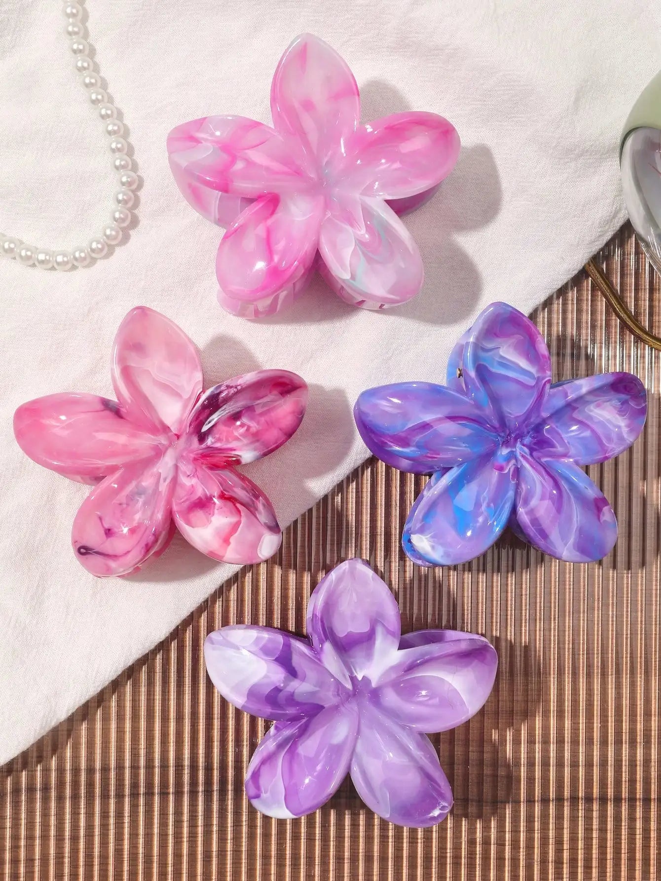 4PCS Boho Flower Hair Claw Clips – Marble Floral Shark Clips for Women Cute Hair Accessories