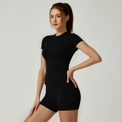 Women’s Short Sleeve Workout Set – T-Shirt & High Waist Biker Shorts