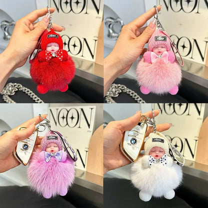 Cute Sleeping Baby Keychain – Fluffy Pom Pom Doll Bag Charm