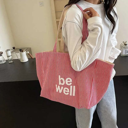 Striped Canvas Tote Bag – Cute Large Capacity Shoulder Bag for Women