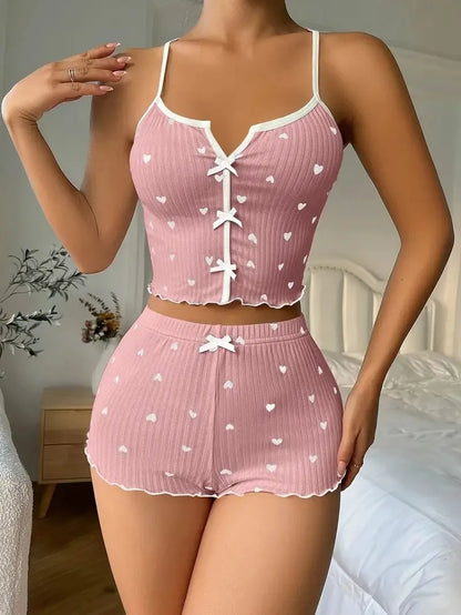 Cute Heart Print Pajama Set – Women’s Ribbed Cami Top & Shorts Sleepwear, Soft Summer Lounge Set