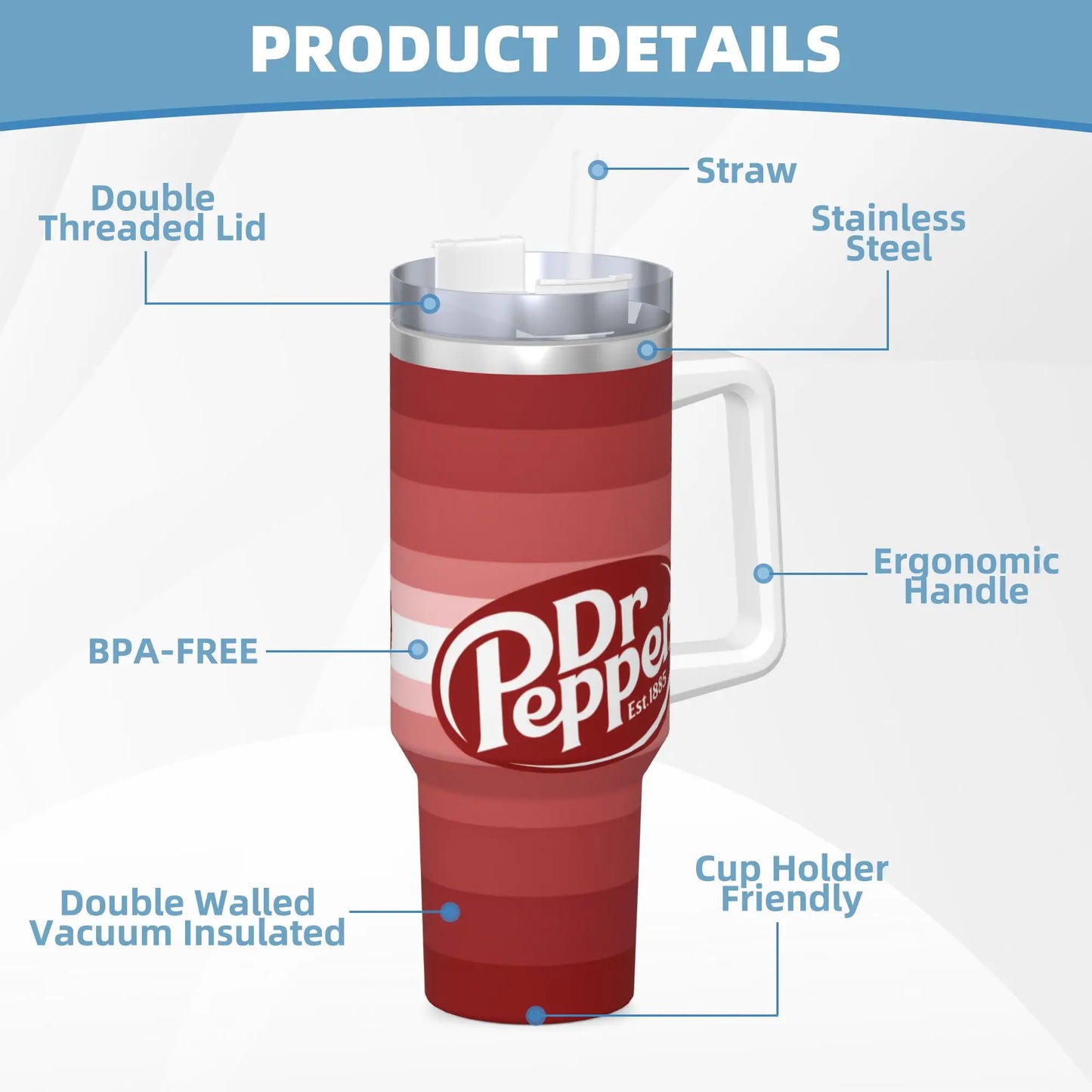 Dr Pepper Inspired Striped Tumbler – 40oz Stainless Steel Travel Mug with Handle