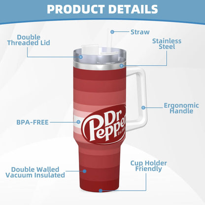 Dr Pepper Inspired Striped Tumbler – 40oz Stainless Steel Travel Mug with Handle