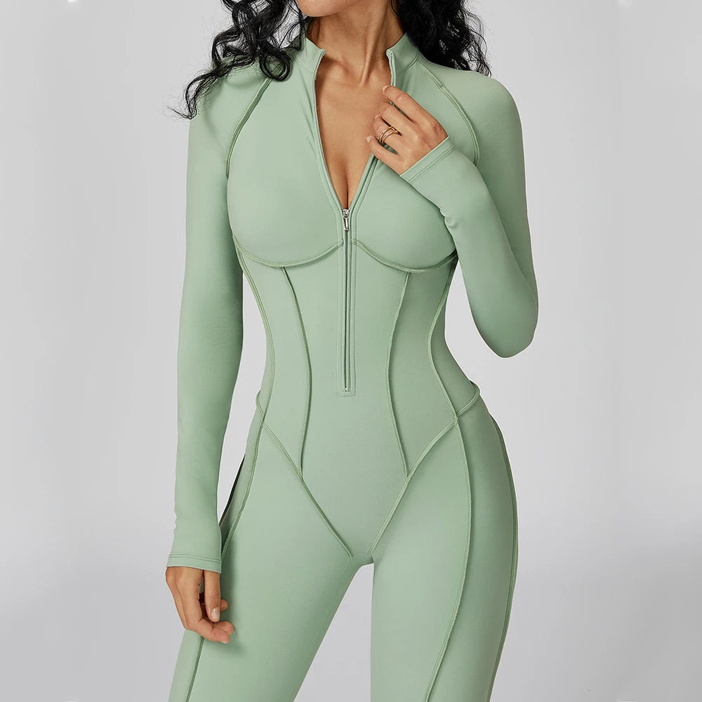 Chocolate Brown Sculpting Zip-Front Long Sleeve Jumpsuit
