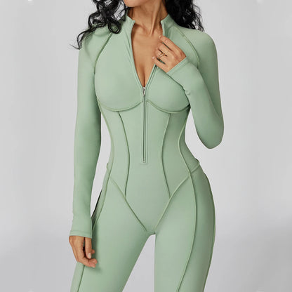 Chocolate Brown Sculpting Zip-Front Long Sleeve Jumpsuit