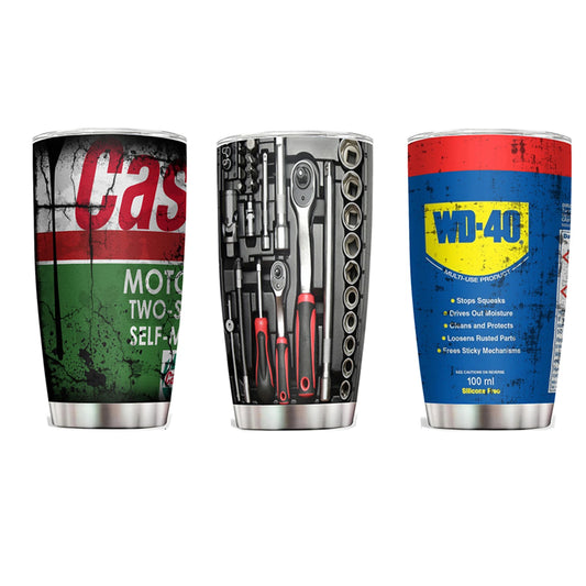 Funny Mechanic Tumbler 20oz – Vintage Motor Oil, Tool Kit & WD-40 Style Stainless Steel Travel Mug for Car Guys & Garage Lovers