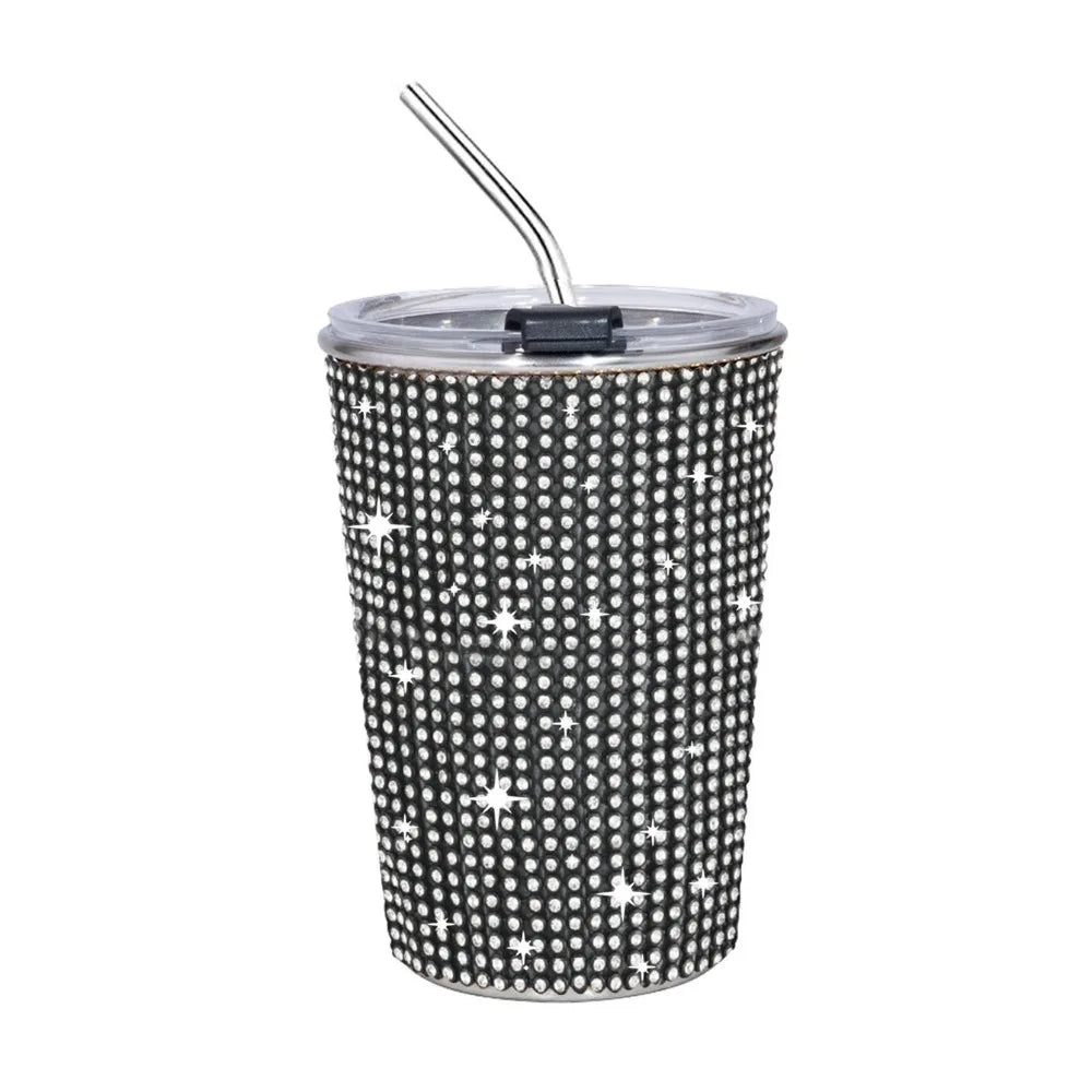 500ml Rhinestone Stainless Steel Water Bottle with Straw Luxury Sparkling Cup