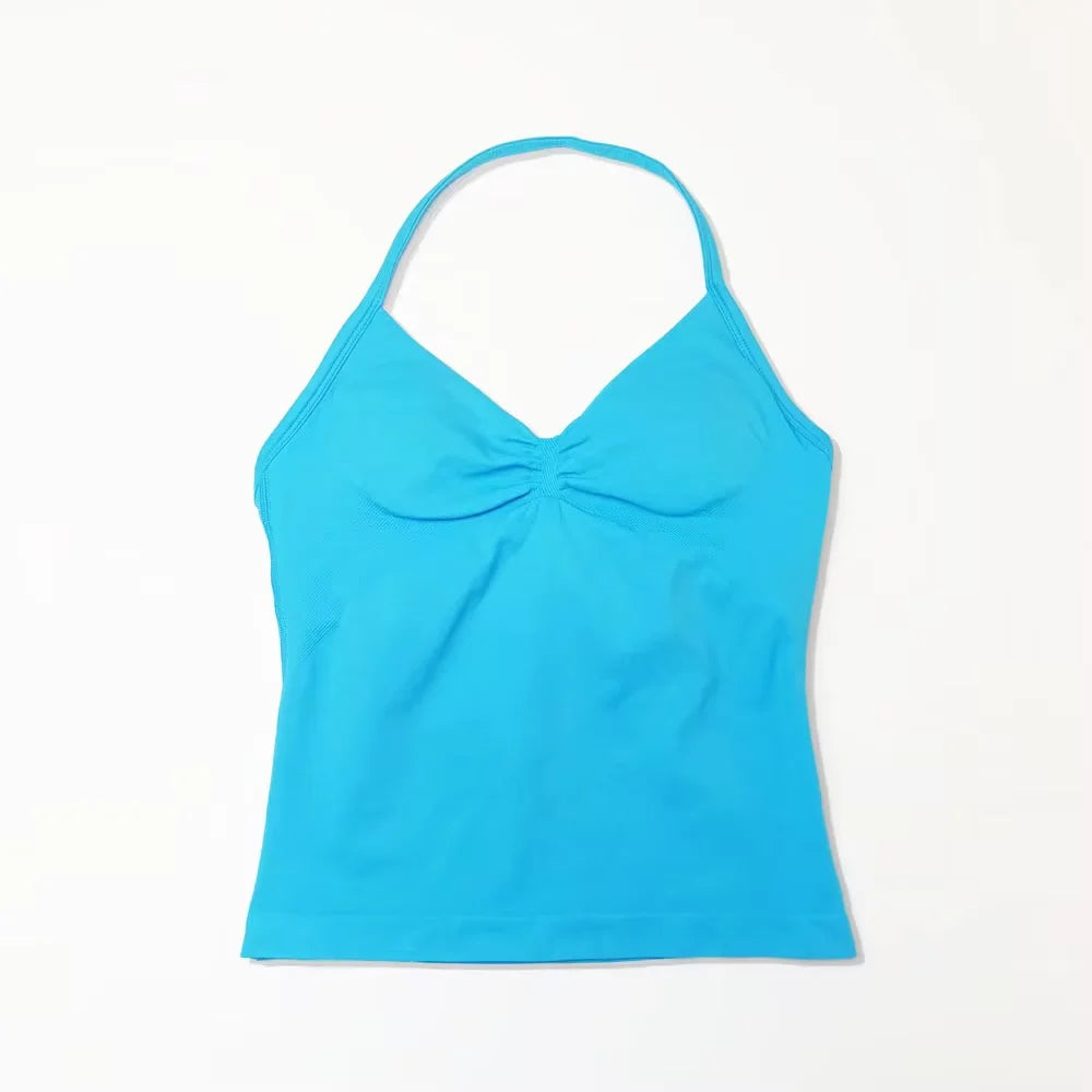 Pink Halter Neck Ruched Active Tank Top