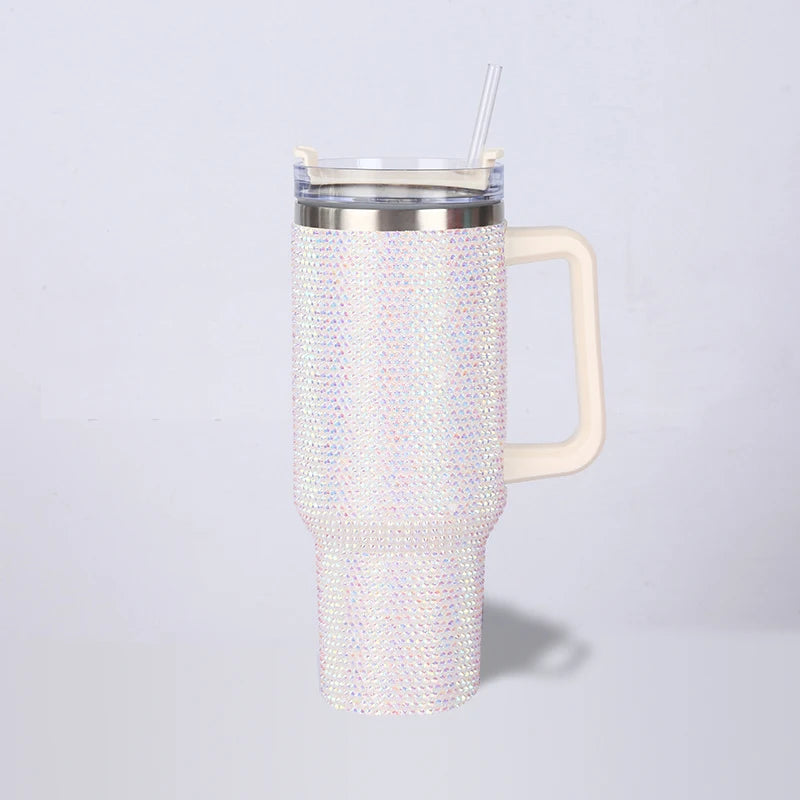 40oz Rhinestone Tumbler with Handle Insulated Thermos Cup Sparkling Travel Mug
