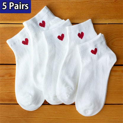Cute Heart Ankle Socks – Women’s Kawaii White Cotton Sock Set