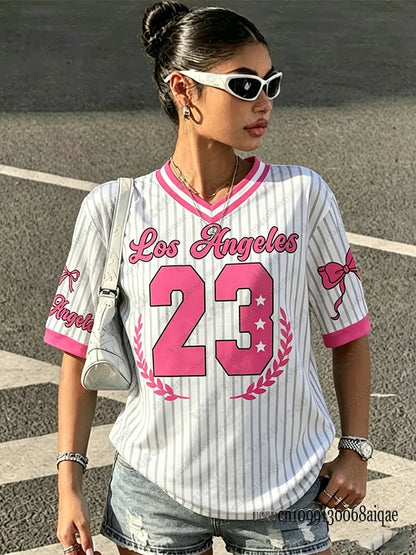 Summer New Los Angeles 23 Print Stripe T-shirt For Women V-Neck Short Sleeve Tees Sports Football Jersey Y2K Loose Oversized Top