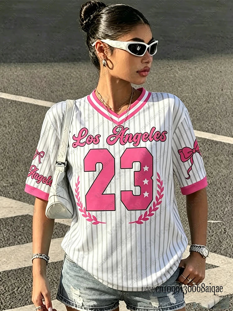 Summer New Los Angeles 23 Print Stripe T-shirt For Women V-Neck Short Sleeve Tees Sports Football Jersey Y2K Loose Oversized Top