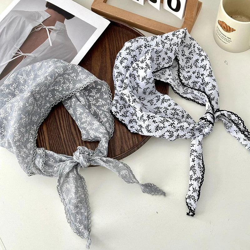 Retro Lace Scarf Sweet Flower Triangle Hair Scarf for Women Hair Band Thin Vintage Kerchief Bohe Flower Ribbon Travel Headwear ﻿