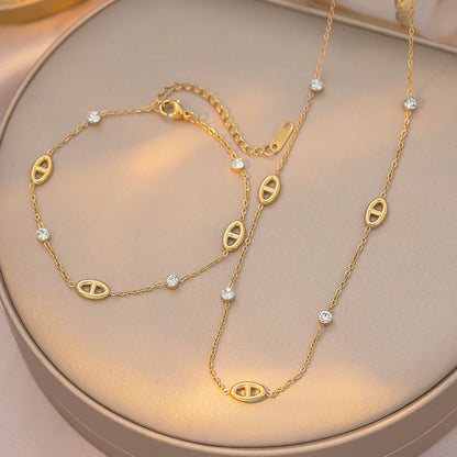 Gold Crystal Necklace Bracelet Set – Elegant Minimalist Chain Jewelry Set for Women