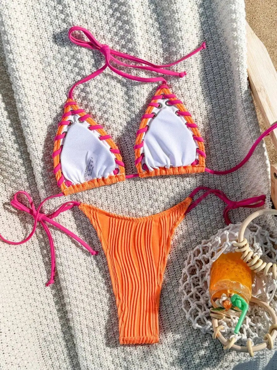 Sexy Ribbed String Bikini Set – Women’s Triangle Tie Side Swimsuit, Minimalist Beach Swimwear for Summer Vacation