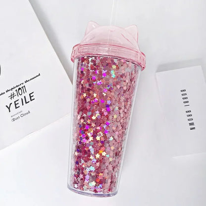 Cute Cat Ear Glitter Straw Cup Creative Plastic Water Bottle for Girls