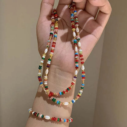 Boho Colorful Beaded Necklace – Handmade Pearl & Gemstone Choker Jewelry for Women, Trendy Vintage Layering Necklace Gift