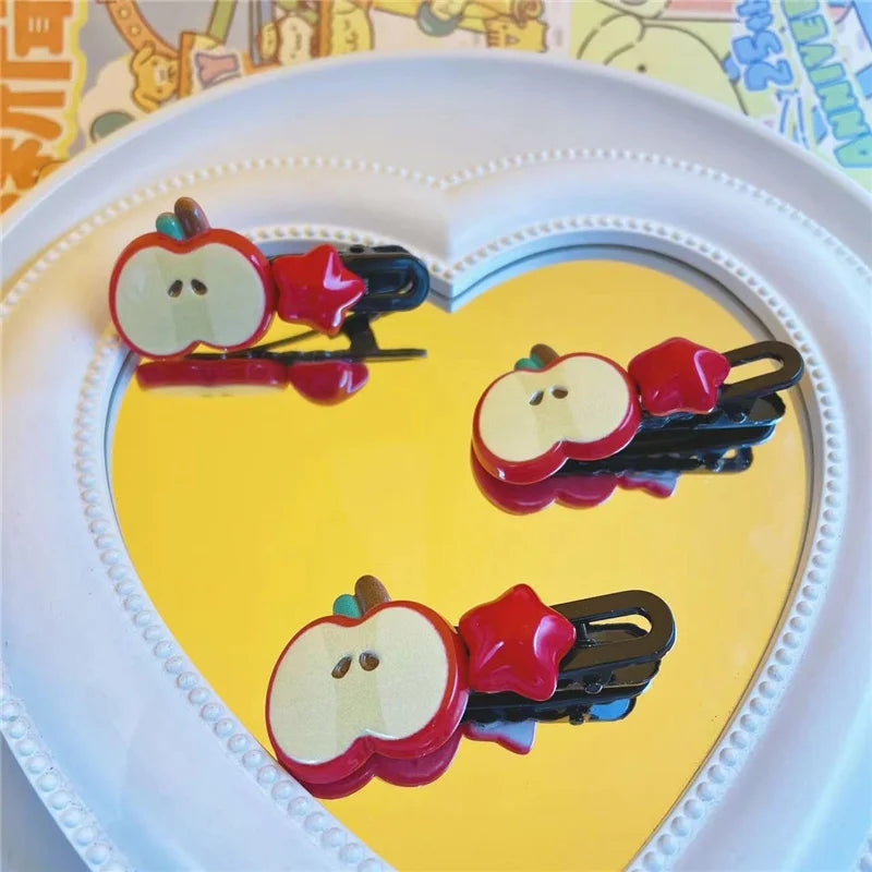 2Pcs/Lot Cute Apple Star Hair Clips – Kawaii Cartoon Snap Barrettes for Girls & Women