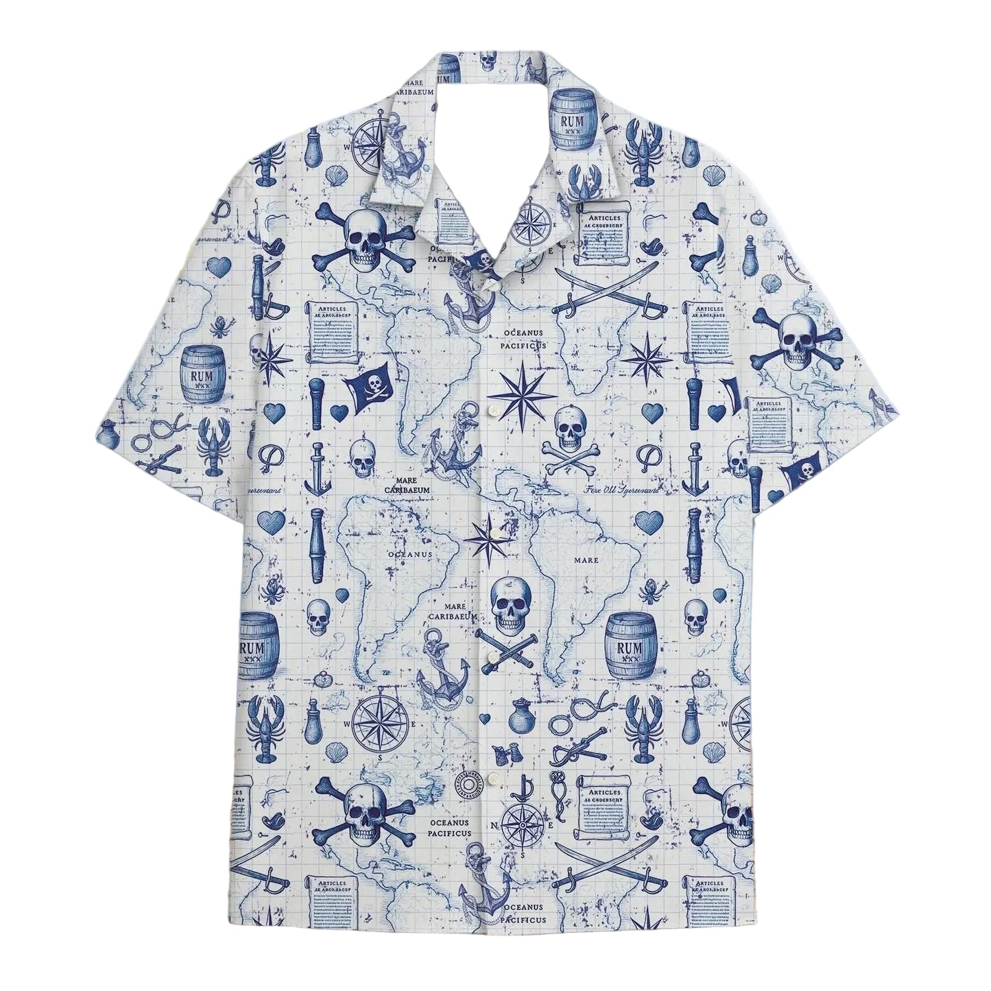Skeleton Pirate Captain Hawaiian Shirt Cartoon Summer Beach Button Up