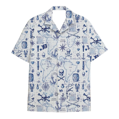 Skeleton Pirate Captain Hawaiian Shirt Cartoon Summer Beach Button Up