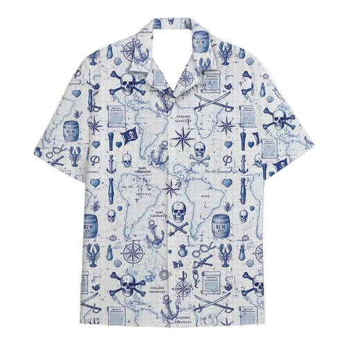 Skeleton Pirate Captain Hawaiian Shirt Cartoon Summer Beach Button Up