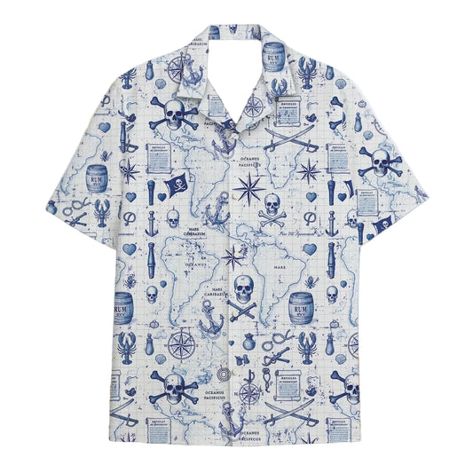 Skeleton Pirate Captain Hawaiian Shirt Cartoon Summer Beach Button Up