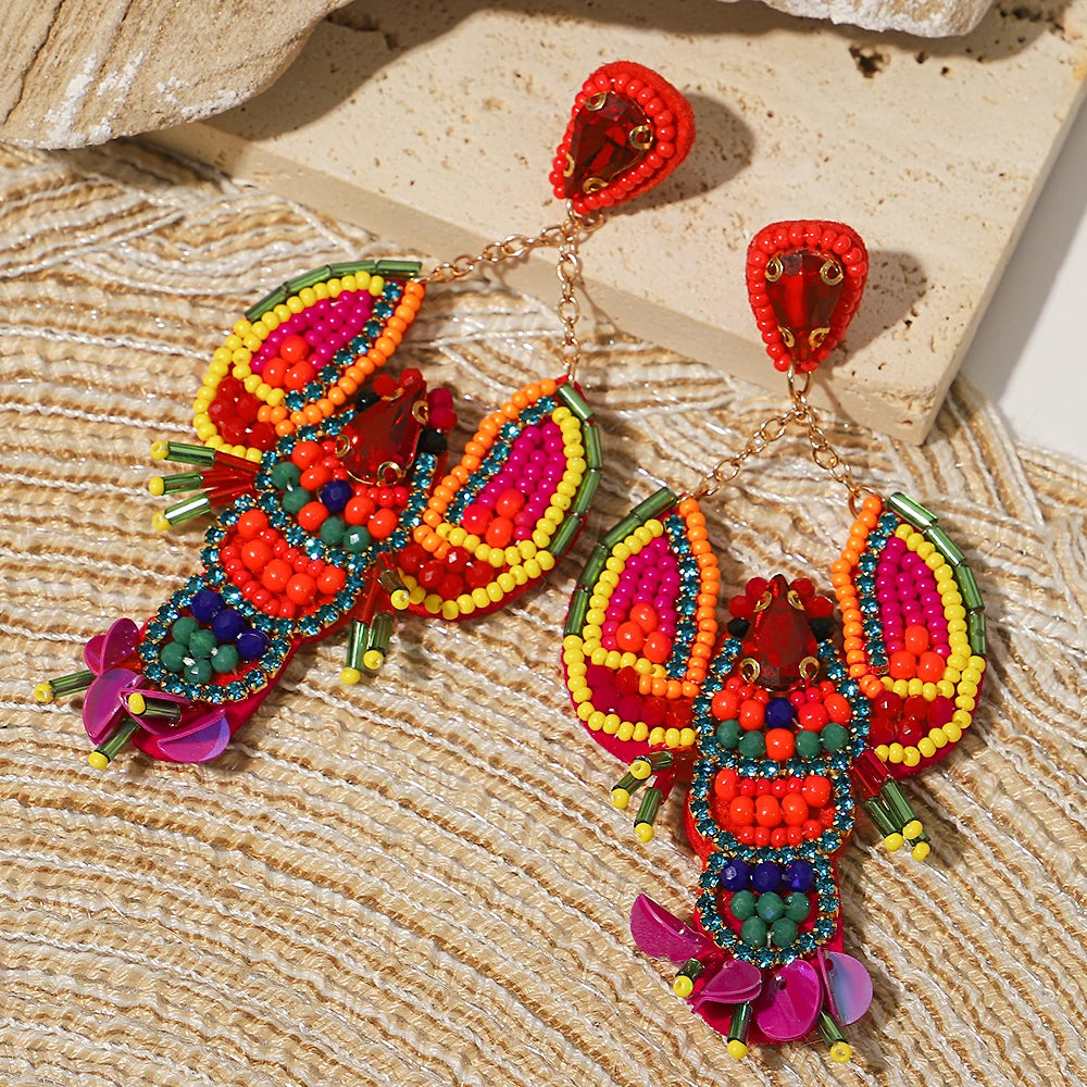 Boho Beach Statement Earrings – Handmade Beaded Starfish Seahorse Shell Drop Earrings for Women