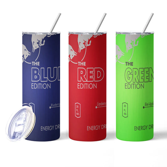 Energy Drink Slim Tumbler – 20oz Stainless Steel Cup with Straw & Lid