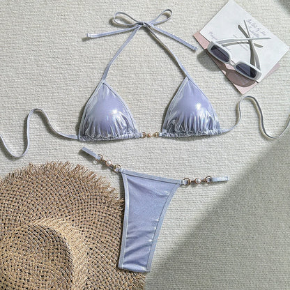 PU Faux Leather Halter Thong Bikini Set Women Two Piece Swimsuit Y2K Festival Swimwear