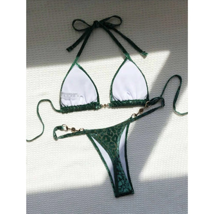 Leopard Pearl Micro Thong Bikini Set Women Two Piece Swimsuit Y2K Beachwear