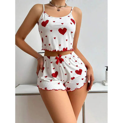 Cute Heart Print Pajama Romper – Women’s Sleeveless Summer Lounge Wear