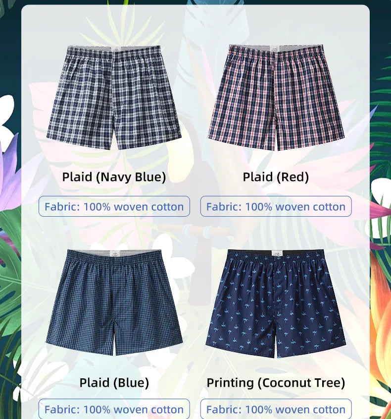 Men’s Cotton Boxer Shorts Pack – Soft Plaid Printed Loose Fit Breathable Underwear for Everyday Comfort