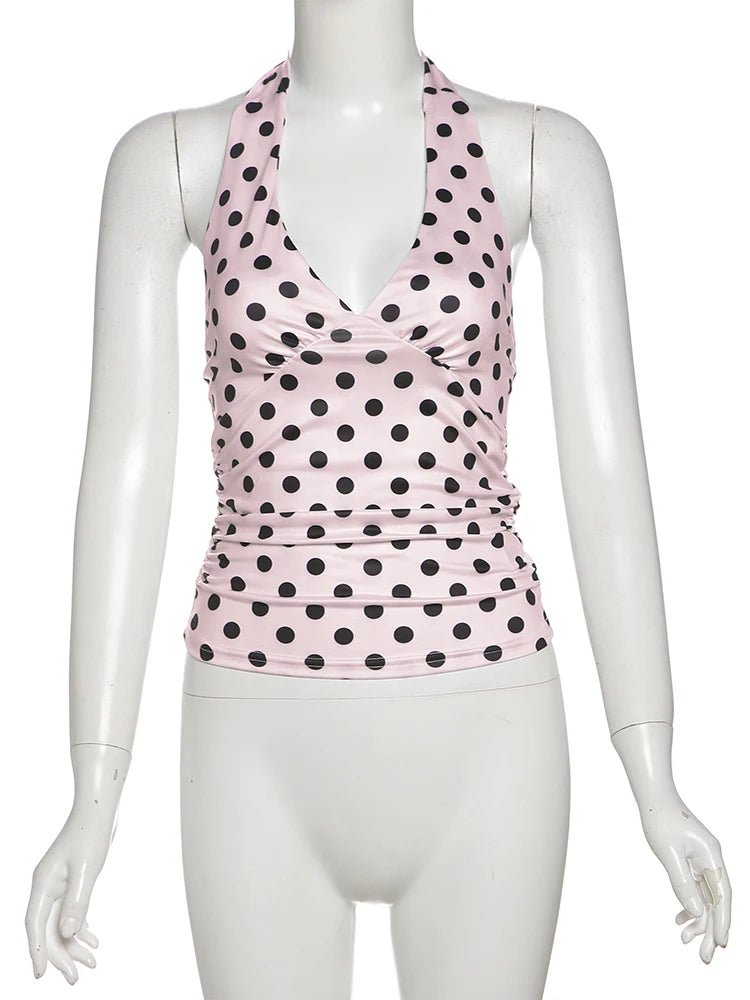 Polka Dots Tank Tops Women Sexy Low-Neck Off Shoulders Backless Street Fashion Versatile Style Ruched Elegant Outfits